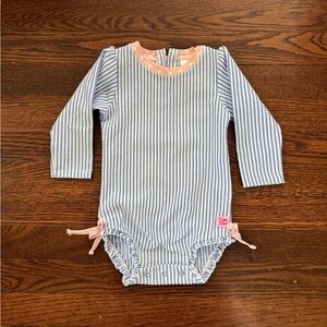 Ruffle Butts Baby Girl 12-18 mo swim bodysuit, blue & white seersucker w/ pink